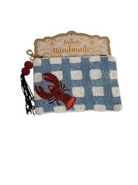 NWT Handmade in India Blue & White Beaded Clutch with Red Lobster Accent